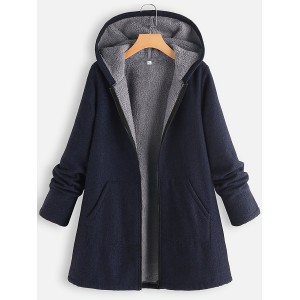 Zip Up Hooded Jacket, Casual Solid Long Sleeve Winter Warm Outerwear, Women's Clothing