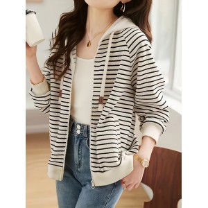 Striped Print Hooded Jacket, Casual Drawtring Zip Up Long Sleeve Outerwear, Women's Clothing