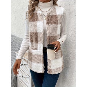 Plaid Pattern Teddy Vest, Casual Open Front Sleeveless Vest, Women's Clothing