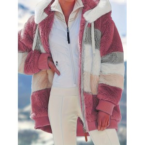 Color Block Fuzzy Hooded Coat, Casual Long Sleeve Winter Warm Outerwear, Women's Clothing