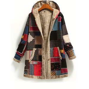 Retro Patchwork Hooded Jacket, Long Sleeve Button Up Casual Lightweight Outerwear For Fall & Winter, Women's Clothing