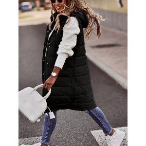 Hooded Sleeveless Coat, Casual Long Length Versatile Winter Warm Outerwear, Women's Clothing