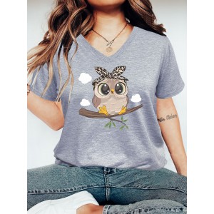 Cute Owl Print V Neck T-Shirt, Casual Short Sleeve T-Shirt For Spring & Summer, Women's Clothing