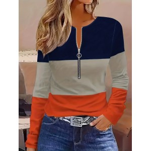 Colorblock Stripe Print Zip Front T-Shirt, Casual Long Sleeve Top For Spring & Fall, Women's Clothing