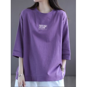 Letter Print Simple T-shirt, Casual Drop Shoulder 3/4 Sleeve Crew Neck T-shirt, Women's Clothing