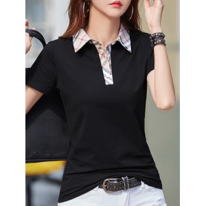 Contrast Trim Turn Down Collar T-Shirt, Casual Short Sleeve Knitting T-Shirt For Summer, Women's Clothing