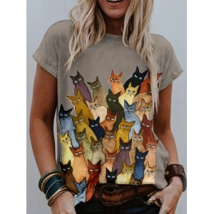 Cat Print Crew Neck T-Shirt, Casual Short Sleeve T-Shirt For Spring & Summer, Women's Clothing