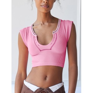 Solid Color Cropped Tank Top, Casual Low Cut Short Sleeve Tank Top For Spring & Summer, Women's Clothing