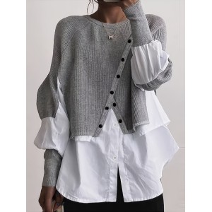 Colorblock Button Decor Asymmetrical T-Shirt, Casual Paneled Long Sleeve Top For Spring & Fall, Women's Clothing