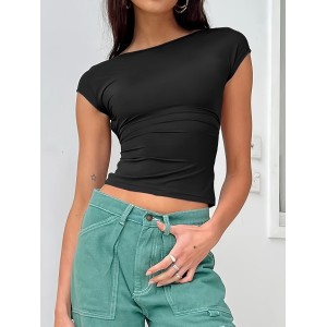 Y2K Solid Backless T-shirt, Sexy Cap Sleeve Crew Neck Slim Versatile T-shirt, Women's Clothing