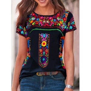 Boho Floral Print T-shirt, Ethnic Crew Neck Short Sleeve Summer T-shirt, Women's Clothing