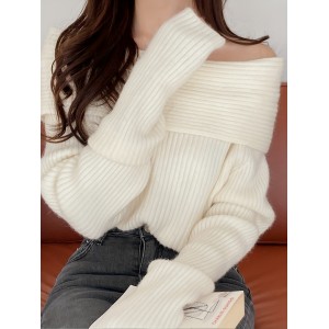 Solid Off Shoulder Pullover Sweater, Casual Long Sleeve Fashion Sweater, Women's Clothing