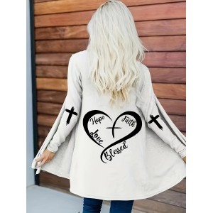 Cross Graphic Print  Open Front Cardigan, Casual Long Sleeve Cardigan For Spring & Fall, Women's Clothing