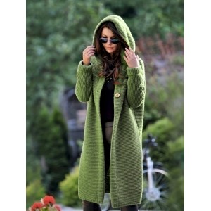 Solid Hooded Button Front Cardigan, Casual Long Sleeve Cardigan For Fall & Winter, Women's Clothing