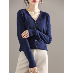 Elegant V-neck Solid Cardigan, Long Sleeve Cardigan For Spring & Fall, Women's Clothing