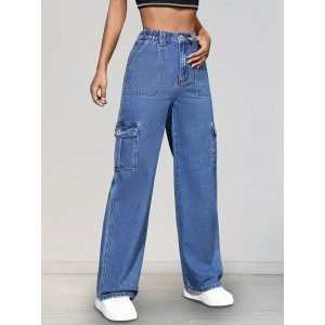 Elastic Waist Washed Straight Jeans, Loose Fit Flap Pockets Y2K Style Cargo Pants, Women's Denim Jeans & Clothing