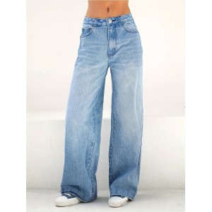 Blue Loose Fit Wide Leg Jeans, High Waist Slash Pockets High Rise Straight Jeans, Women's Denim Jeans & Clothing