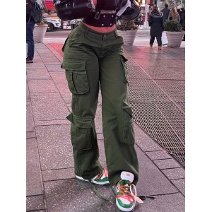 Green Loose Fit Cargo Pants, Flap Pockets Non-Stretch Baggy Denim Pants, Y2K Kpop Vintage Style, Women's Denim Jeans & Clothing