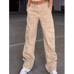 Loose Fit High Waist Cargo Pants, Wide Legs High Rise Flap Pockets Non-Stretch Straight Legs Denim Pants, Y2K Kpop Vintage Style, Women's Denim Jeans & Clothing