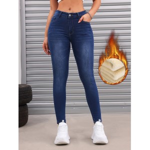 Fleece Liner Washed Skinny Jeans, Mid-Stretch Keep Warm Slim Fit Tight Jeans, Women's Denim Jeans & Clothing