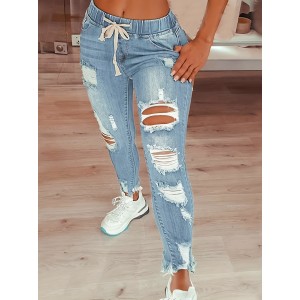 Plain Ripped Holes Skinny Jeans, Slim Fit Frayed Hem Drawstring Elastic Waist Denim Pants, Women's Denim Jeans & Clothing