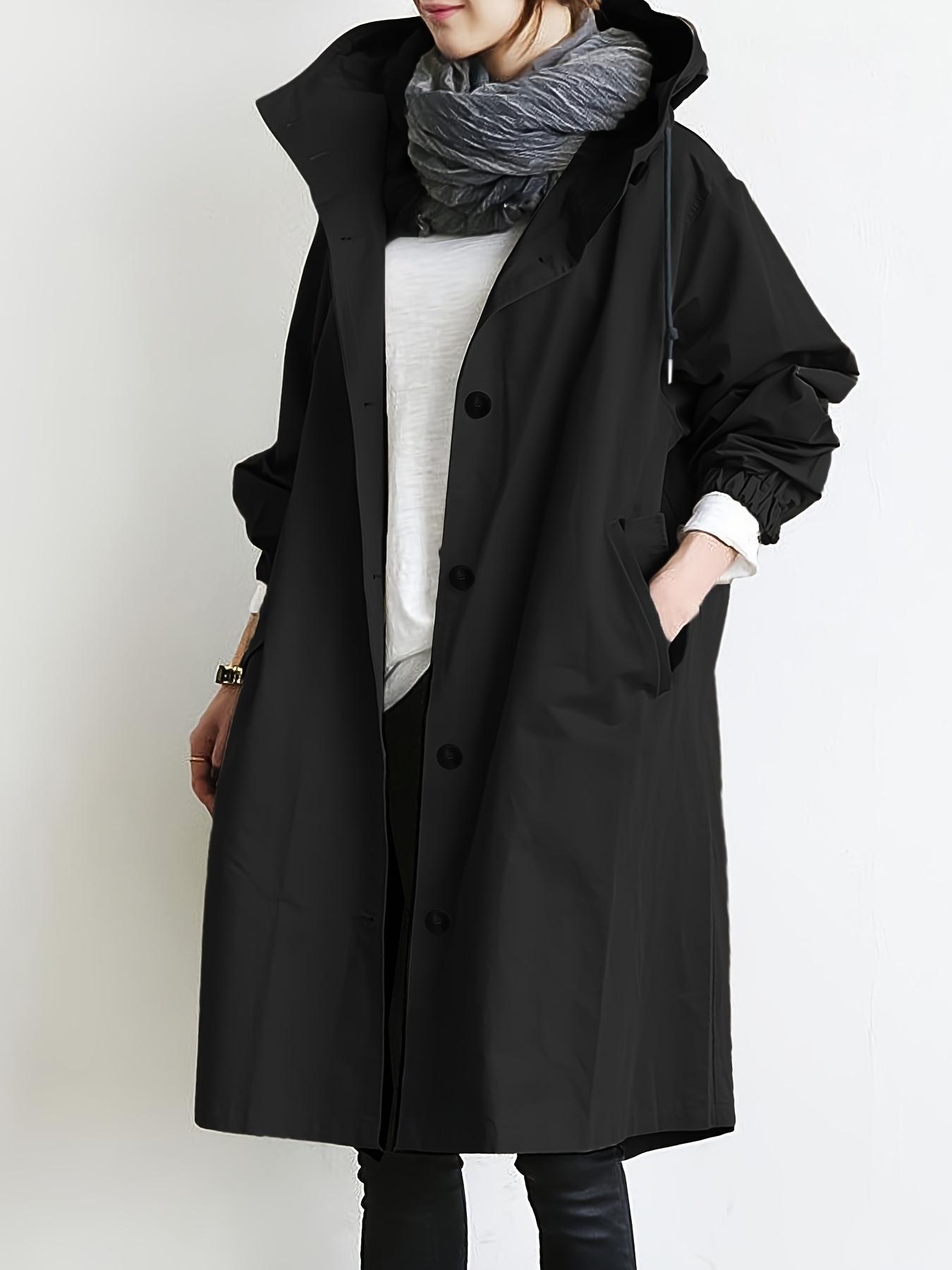 drawstring hooded trench coat casual solid long sleeve outerwear womens clothing details 0