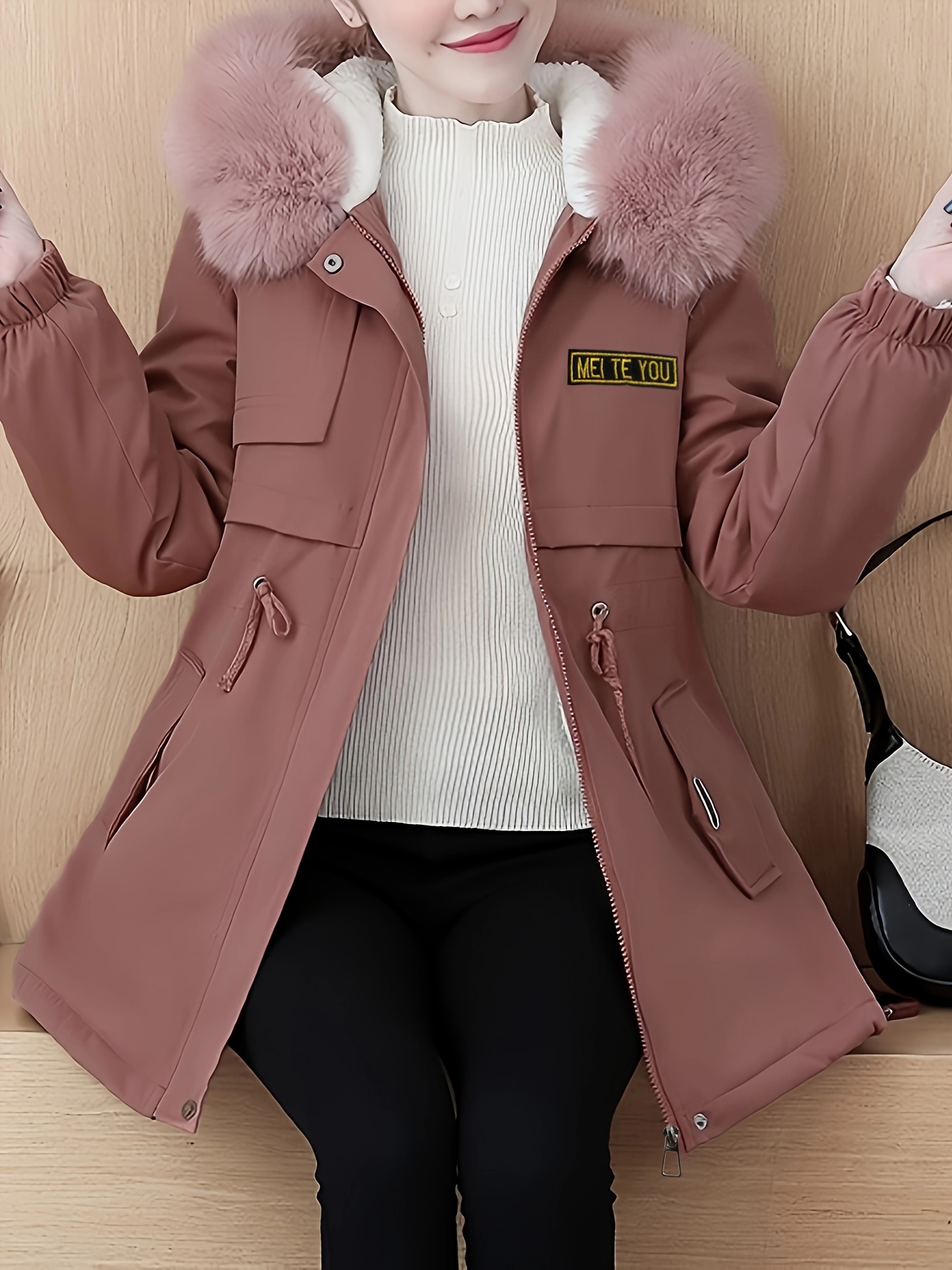 fluffy trim hooded warm coat casual zip up long sleeve winter outerwear womens clothing details 2