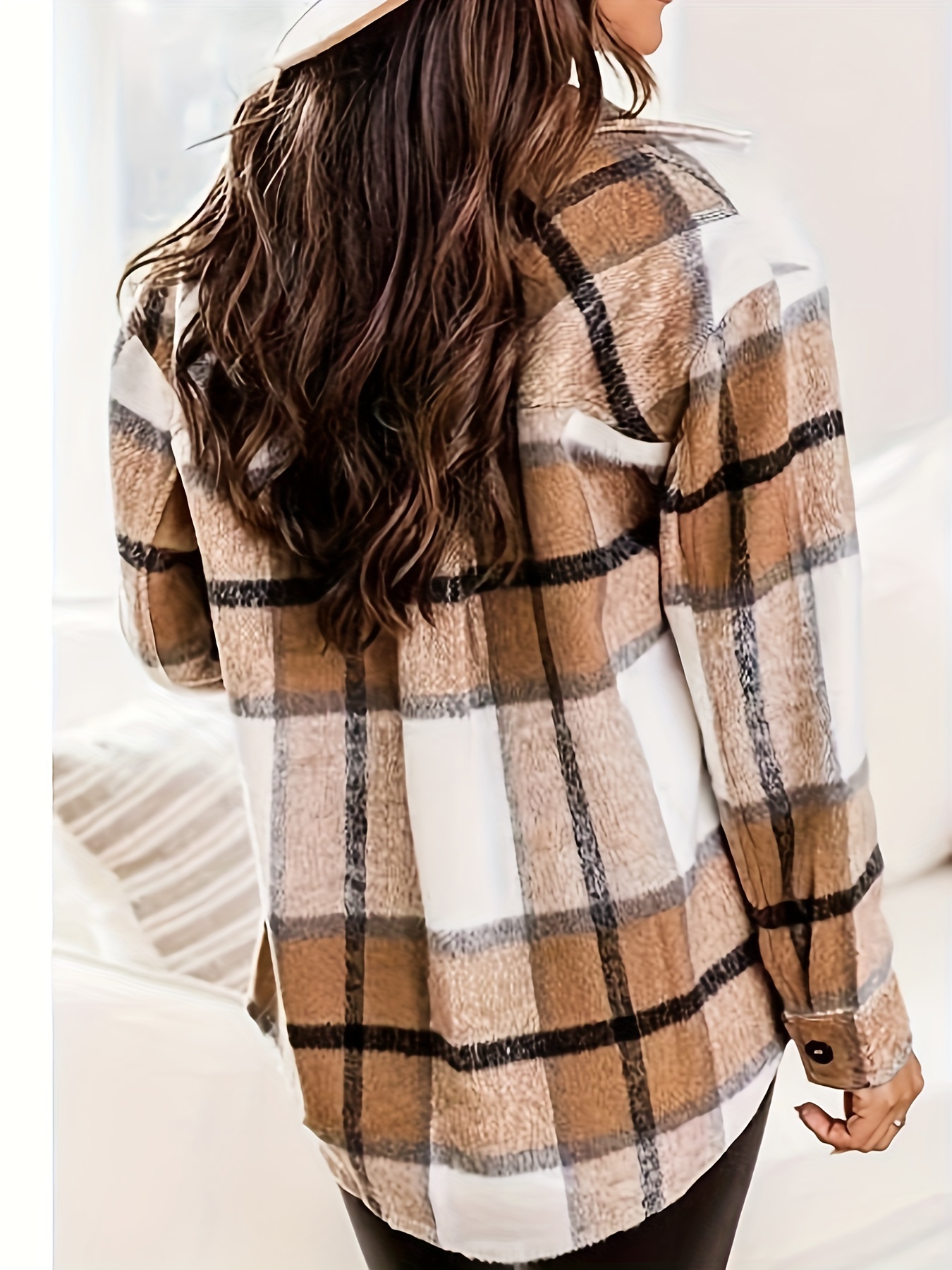 plaid print pocket button front jacket casual collared long sleeve outerwear womens clothing details 2