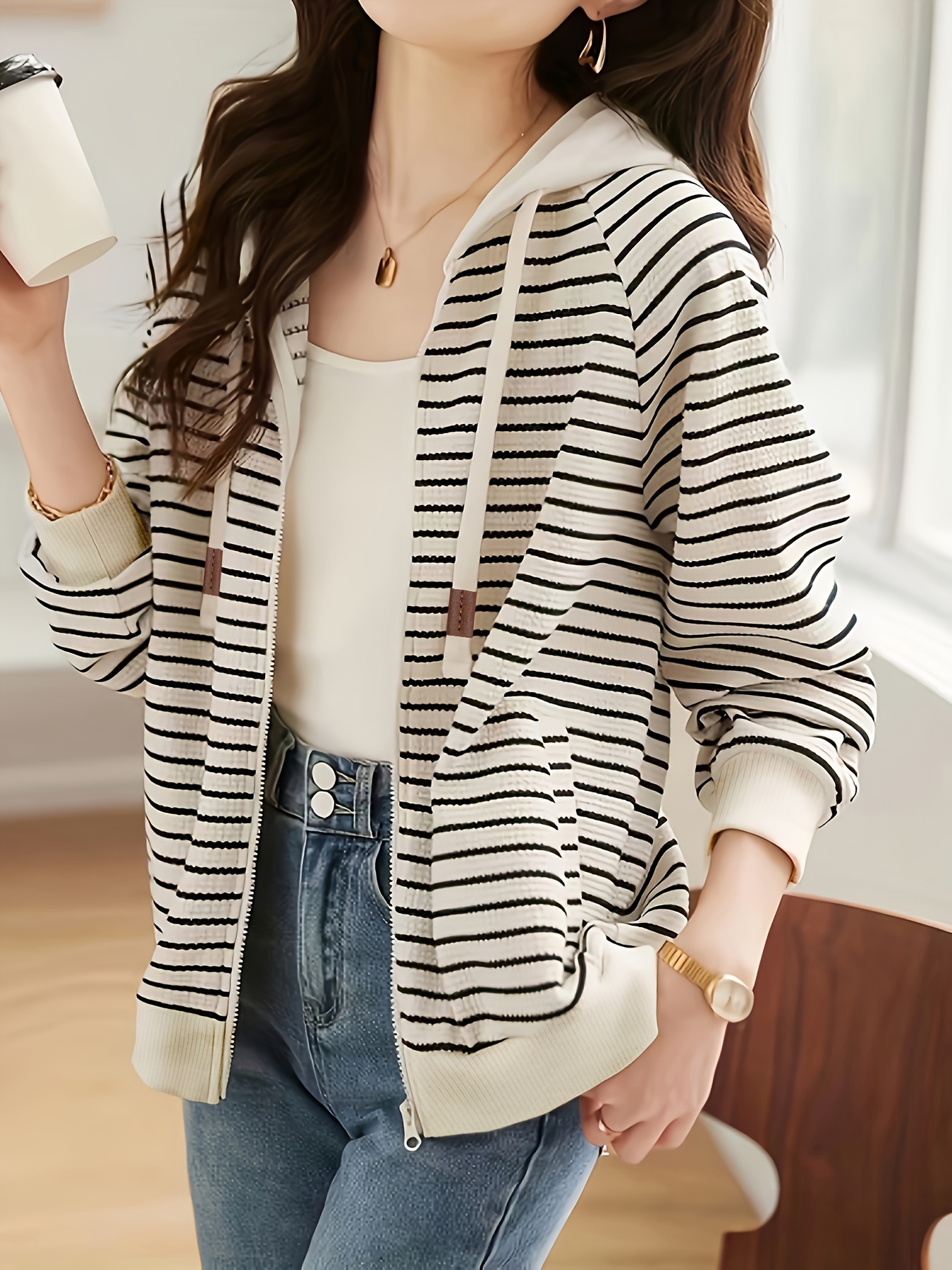 striped print hooded jacket casual drawtring zip up long sleeve outerwear womens clothing details 1