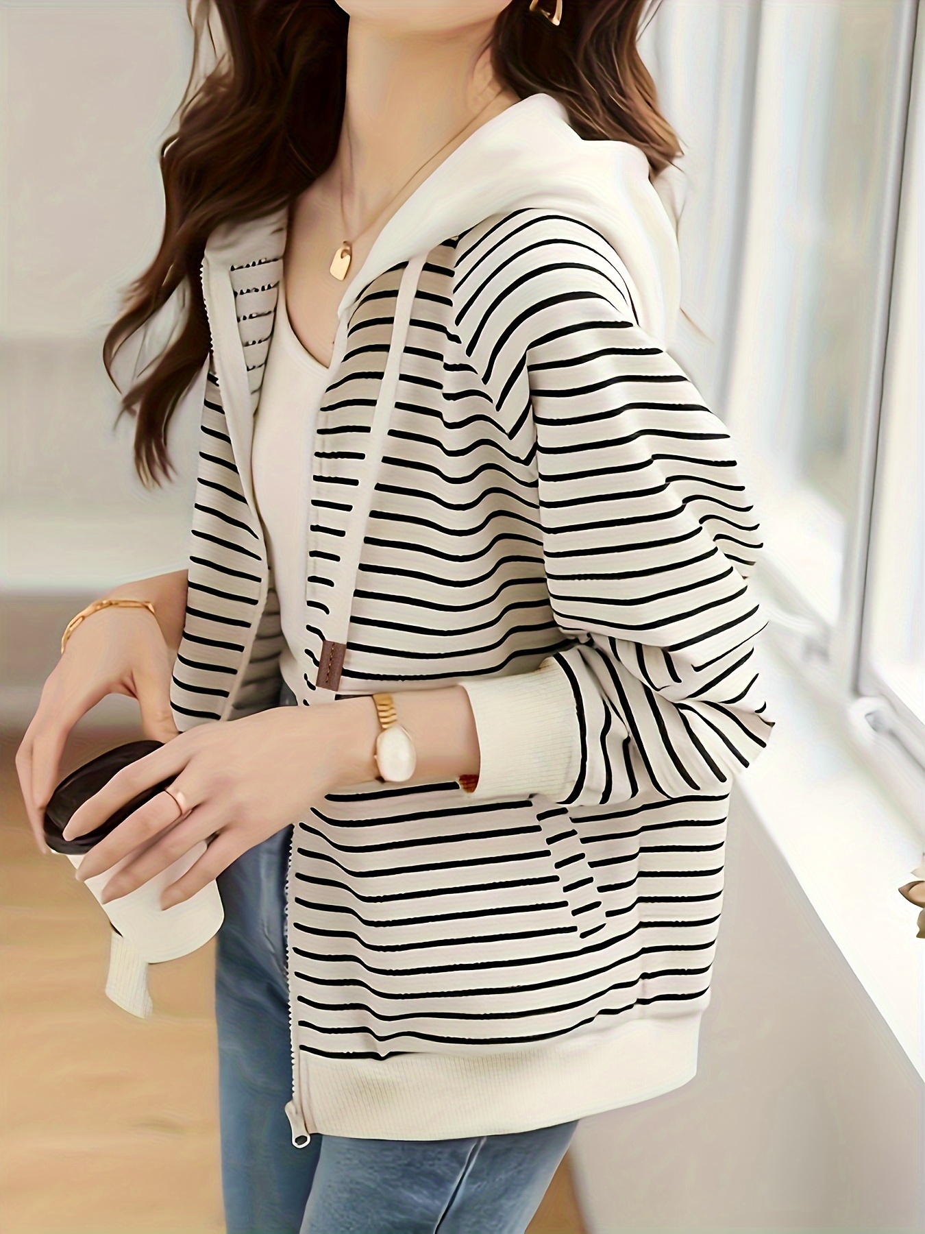 striped print hooded jacket casual drawtring zip up long sleeve outerwear womens clothing details 2