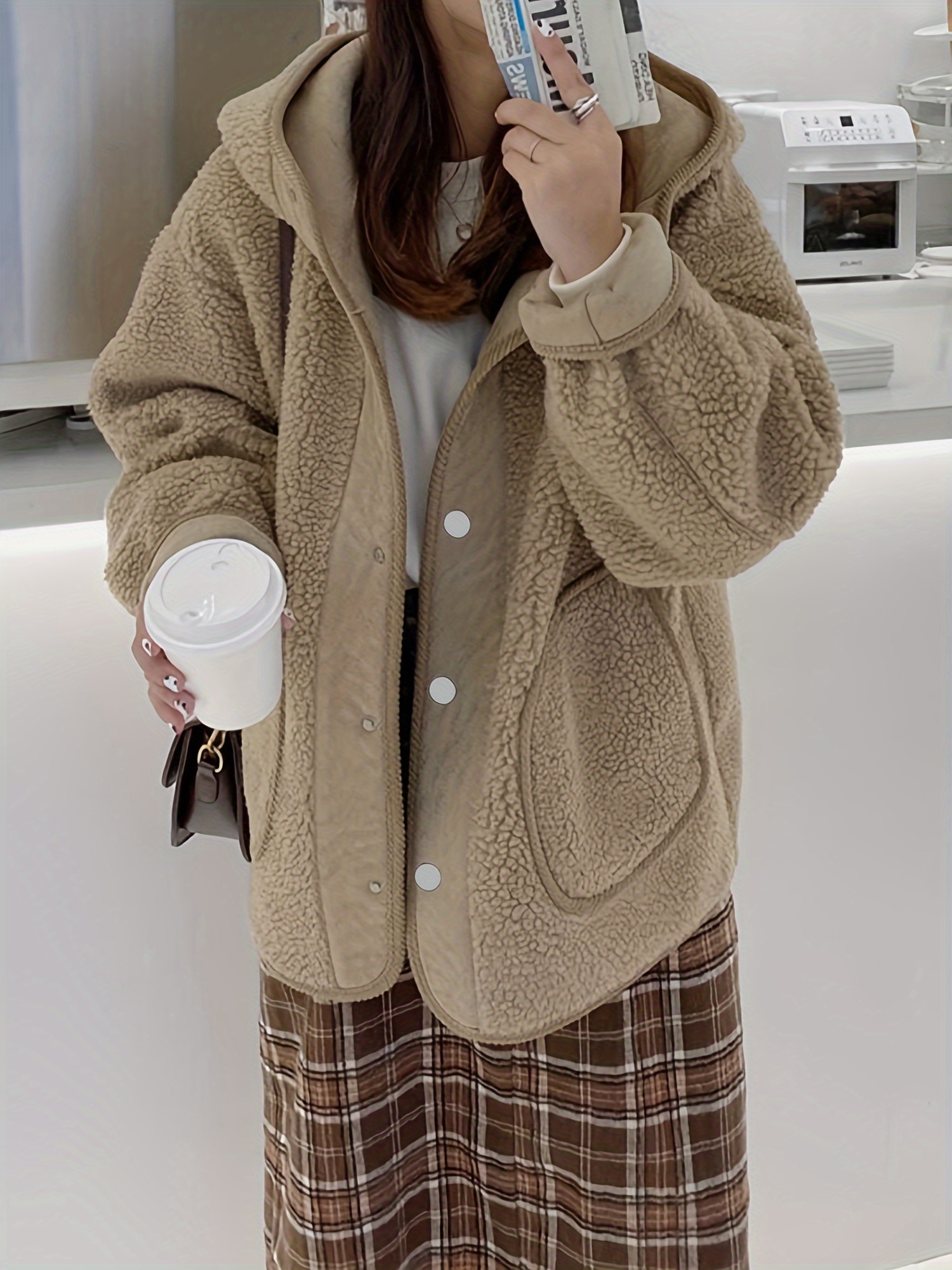 solid hooded teddy coat casual button front long sleeve winter outerwear womens clothing details 7