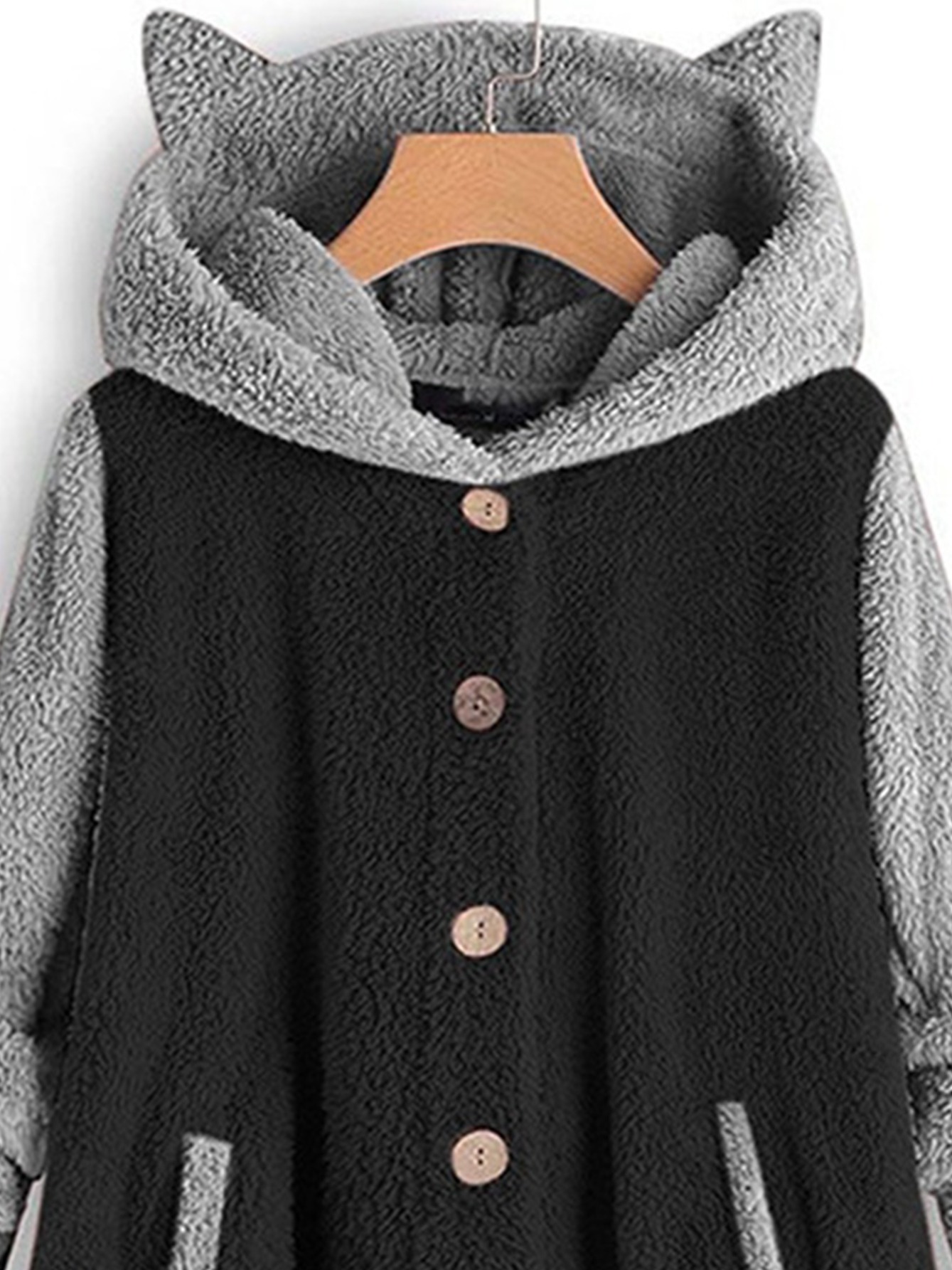 color block hooded coat dual pockets button long sleeve coat casual outerwear for fall winter womens clothing details 3