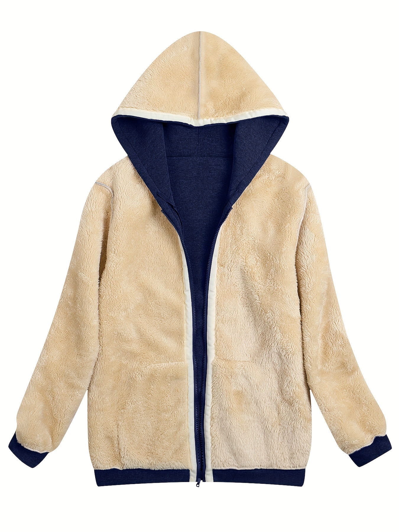 fuzzy hooded jacket casual zip up drawstring long sleeve solid outerwear womens clothing details 2