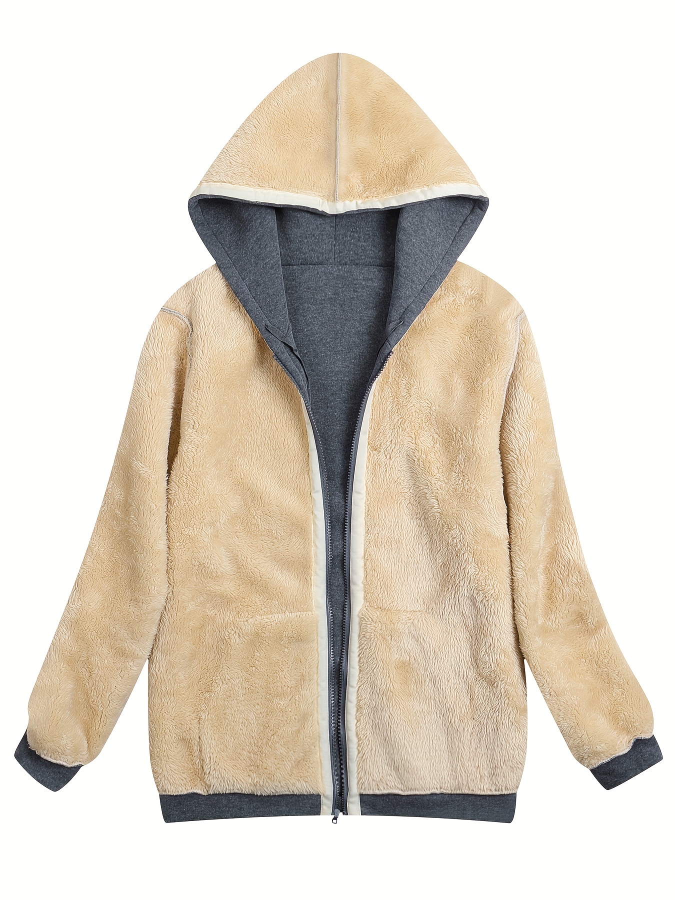 fuzzy hooded jacket casual zip up drawstring long sleeve solid outerwear womens clothing details 12