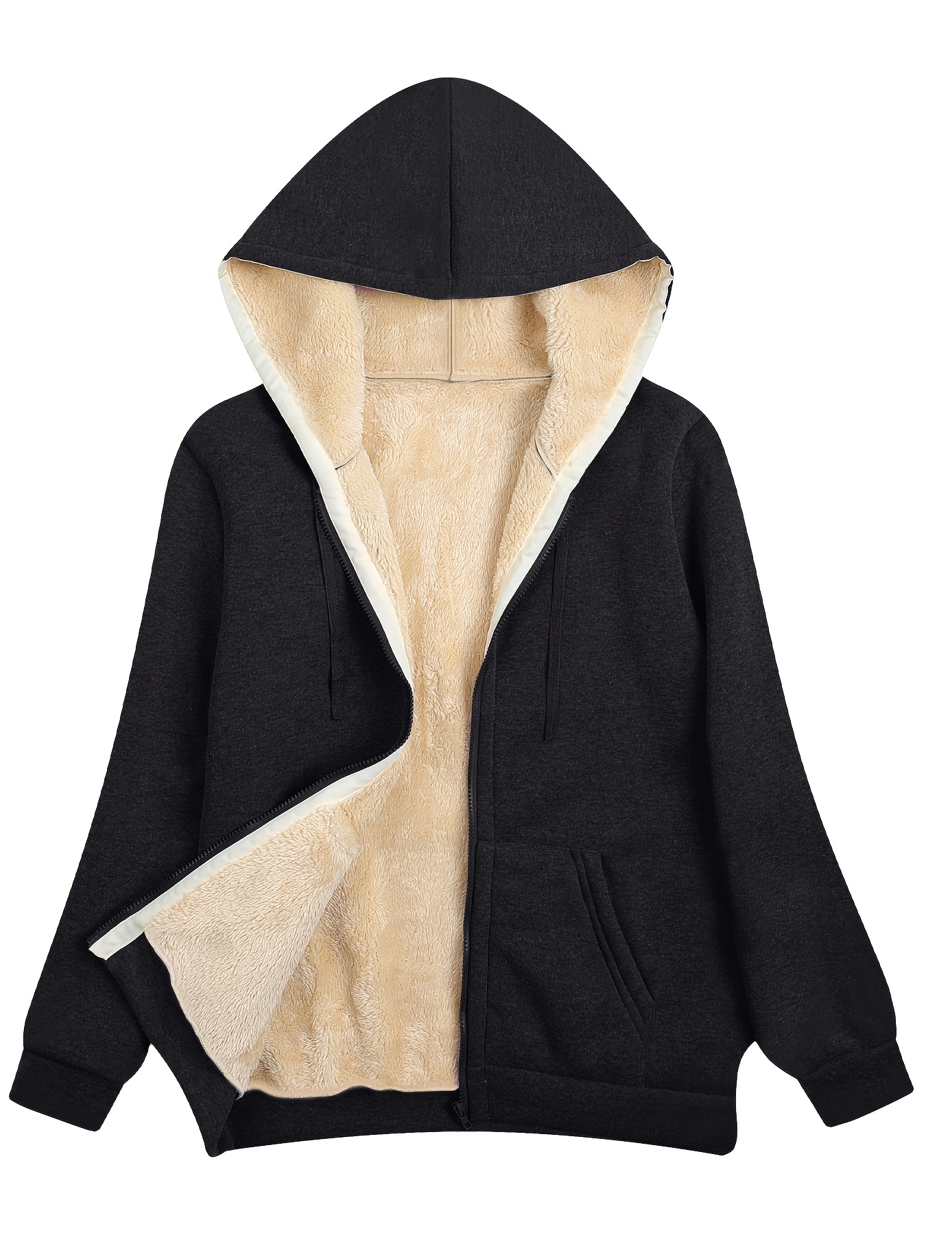 fuzzy hooded jacket casual zip up drawstring long sleeve solid outerwear womens clothing details 21