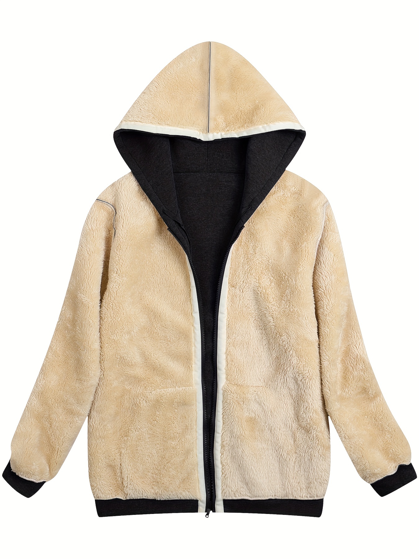 fuzzy hooded jacket casual zip up drawstring long sleeve solid outerwear womens clothing details 22