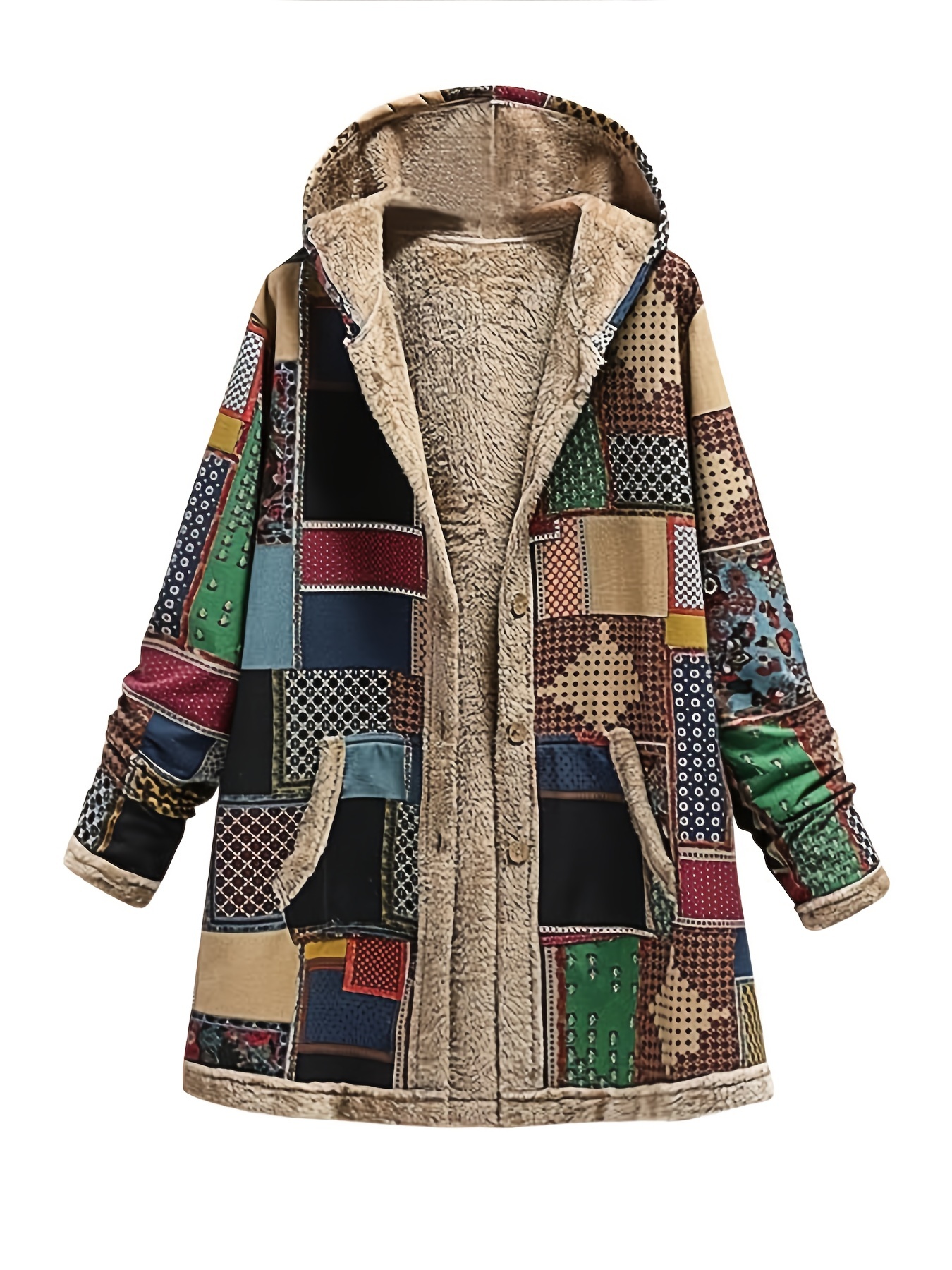 retro patchwork hooded jacket long sleeve button up casual lightweight outerwear for fall winter womens clothing details 0