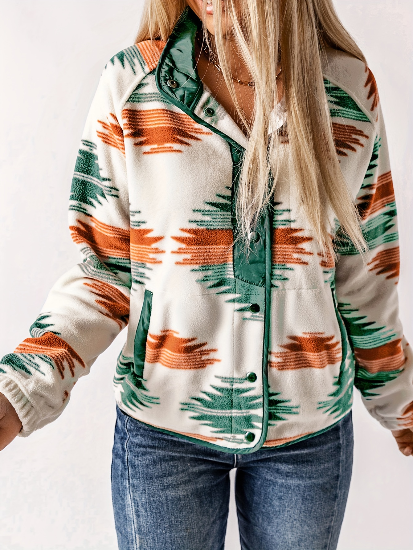 aztec print button front jacket boho long sleeve outerwear womens clothing details 2