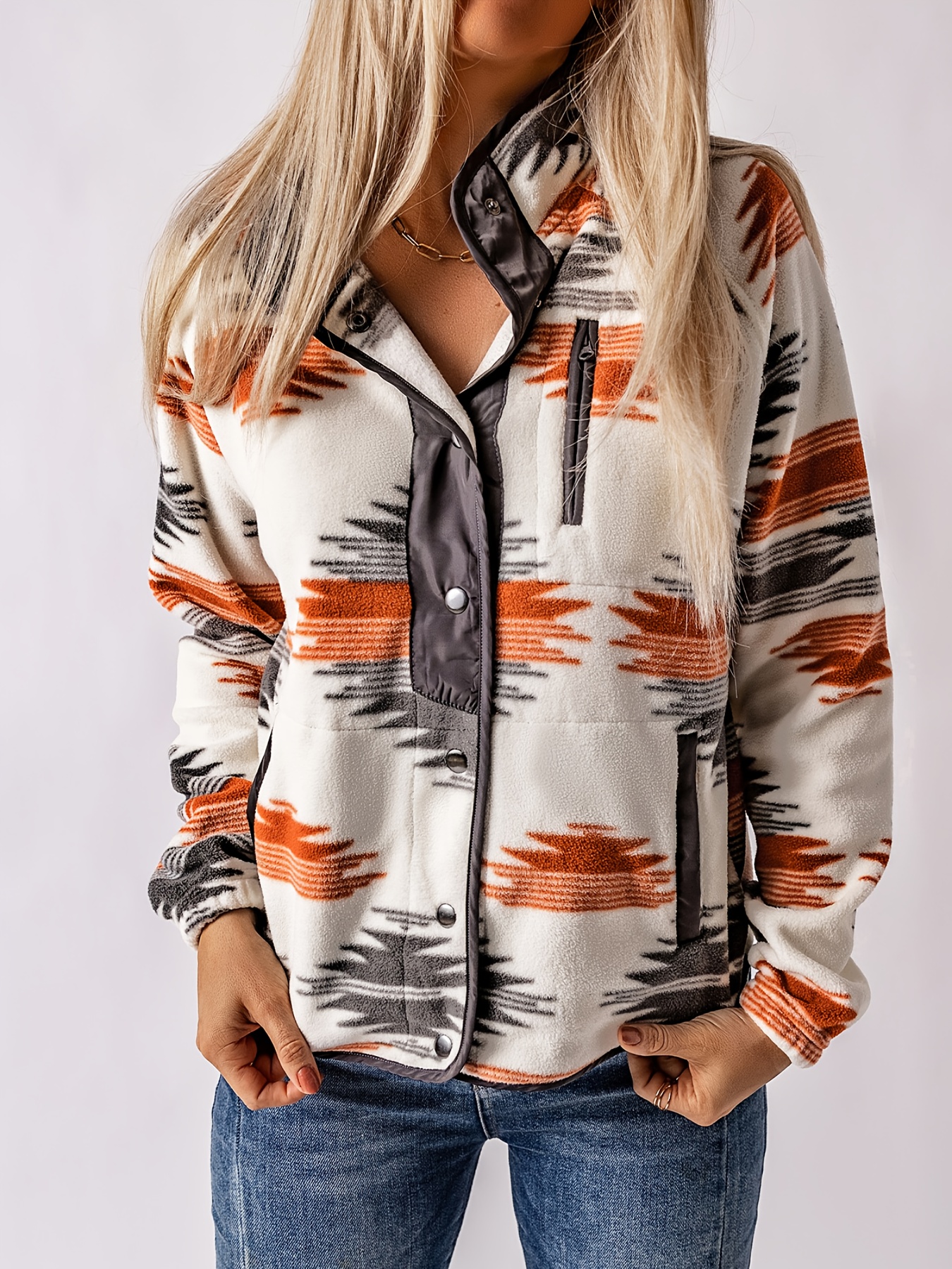 aztec print button front jacket boho long sleeve outerwear womens clothing details 12