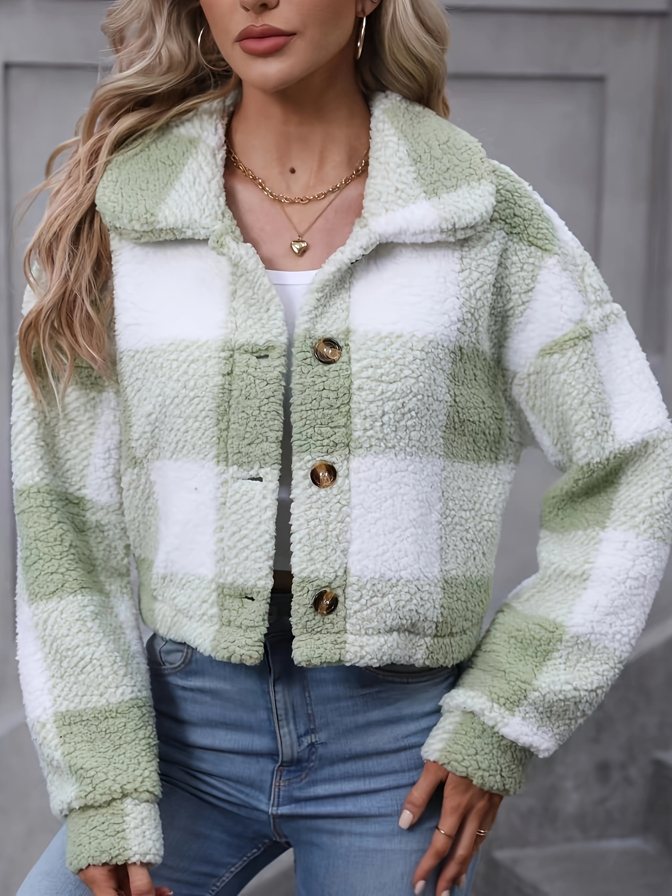 plaid teddy coat casual button front long sleeve winter warm outerwear womens clothing details 5