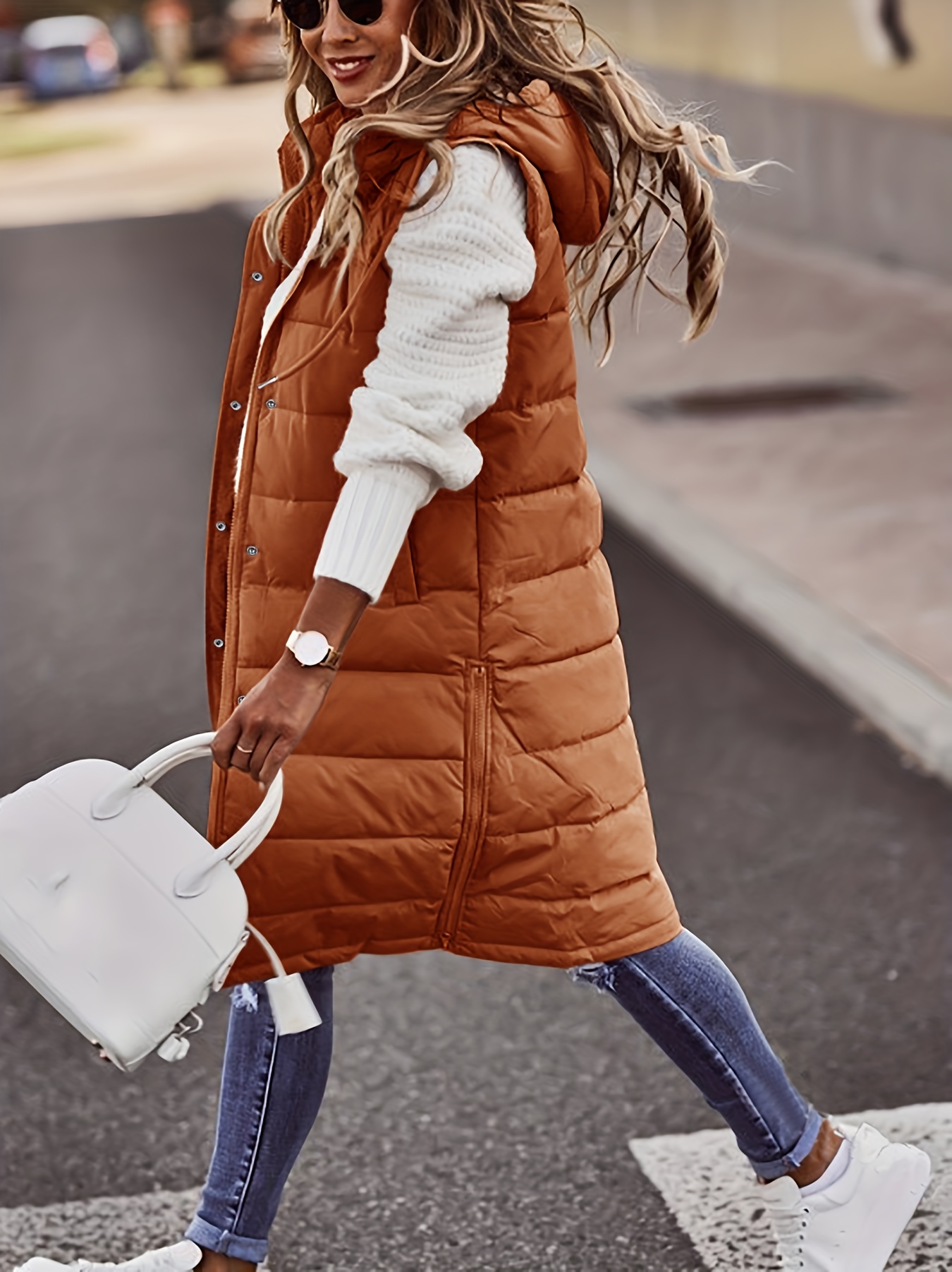 hooded sleeveless coat casual long length versatile winter warm outerwear womens clothing details 0