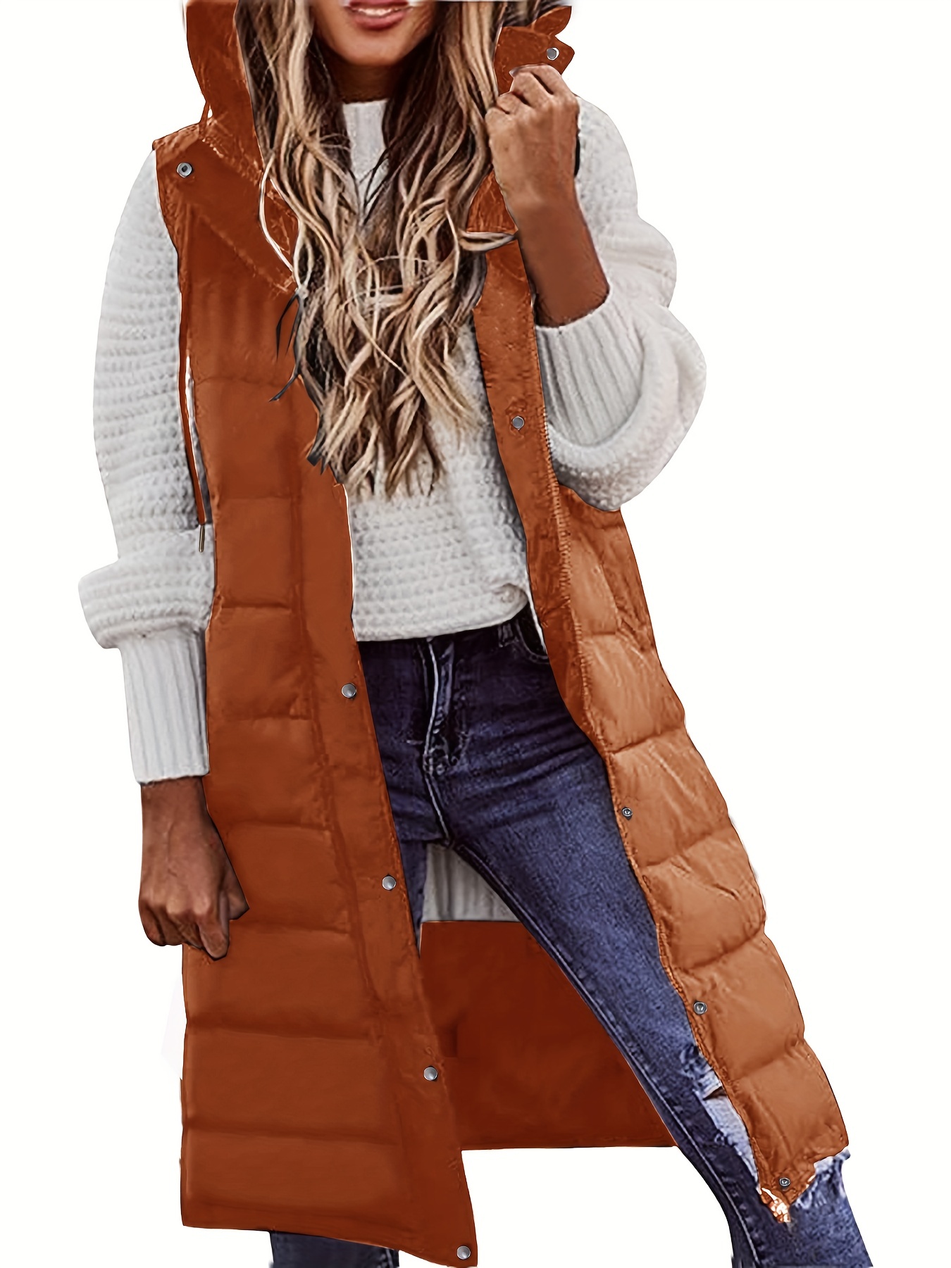 hooded sleeveless coat casual long length versatile winter warm outerwear womens clothing details 3