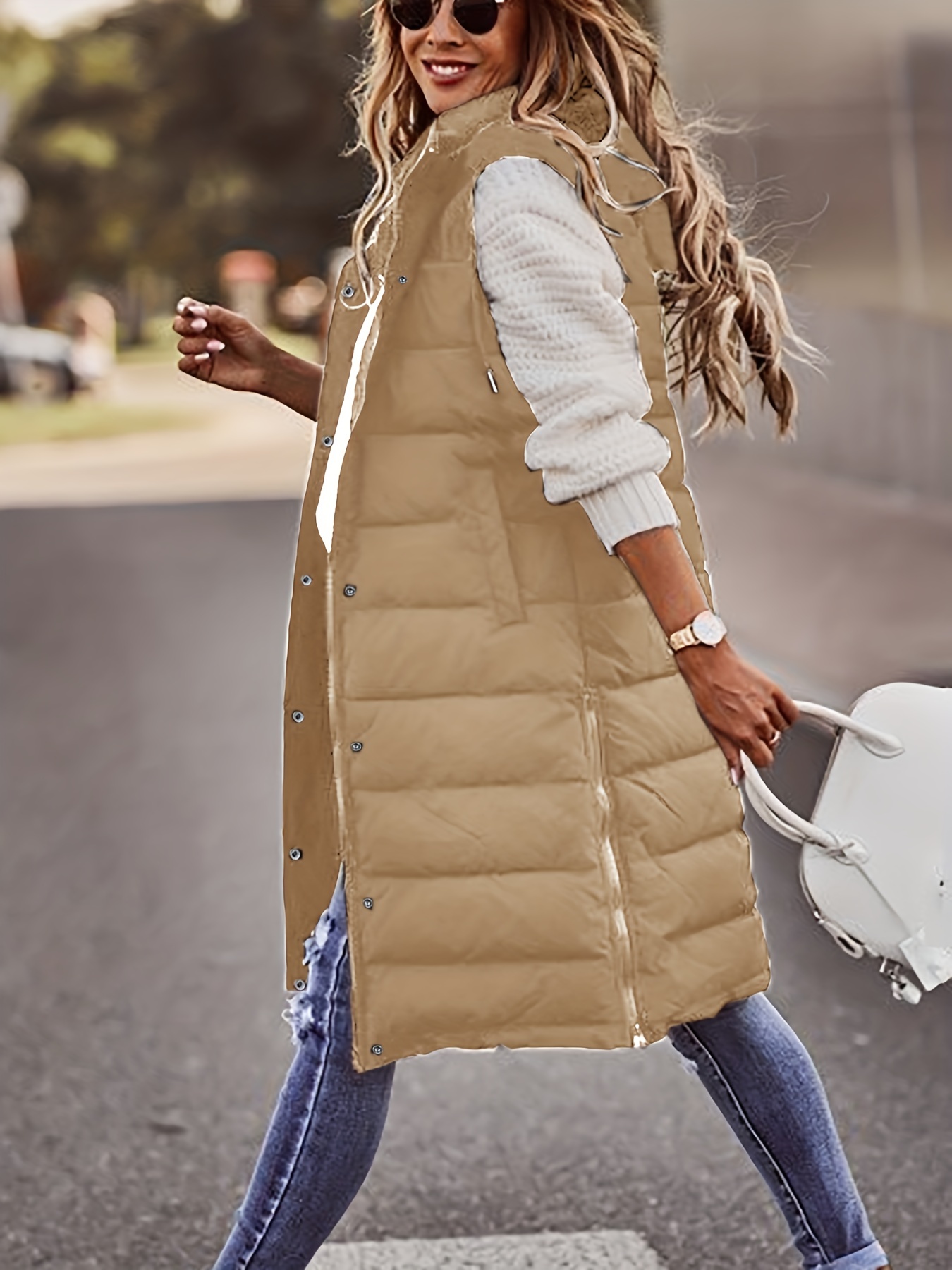 hooded sleeveless coat casual long length versatile winter warm outerwear womens clothing details 17