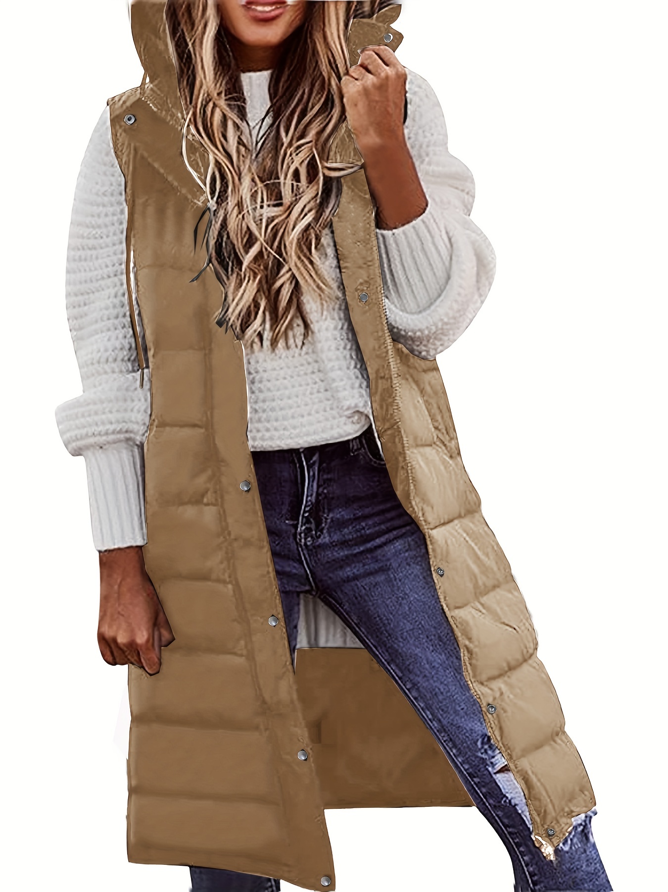 hooded sleeveless coat casual long length versatile winter warm outerwear womens clothing details 19