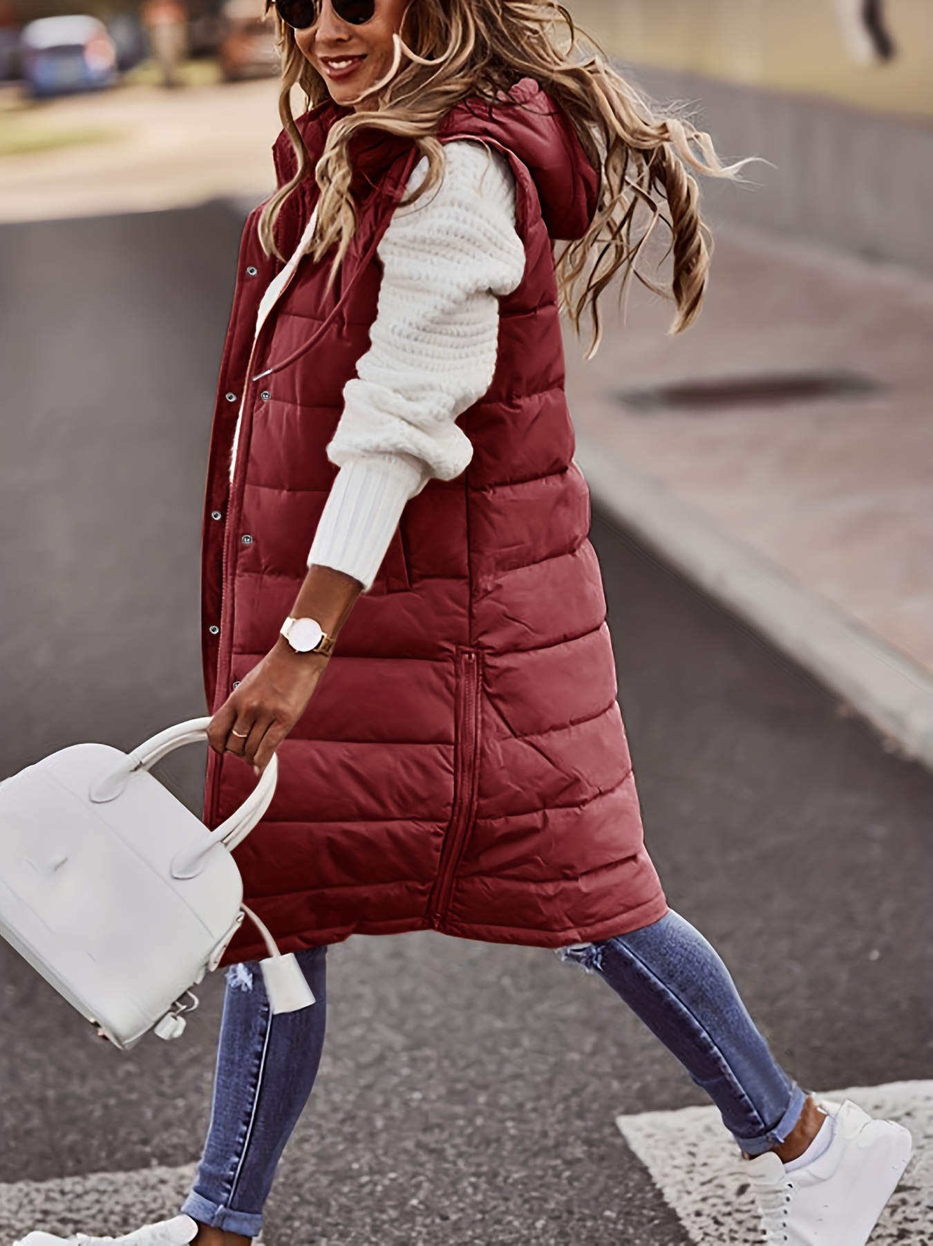 hooded sleeveless coat casual long length versatile winter warm outerwear womens clothing details 20