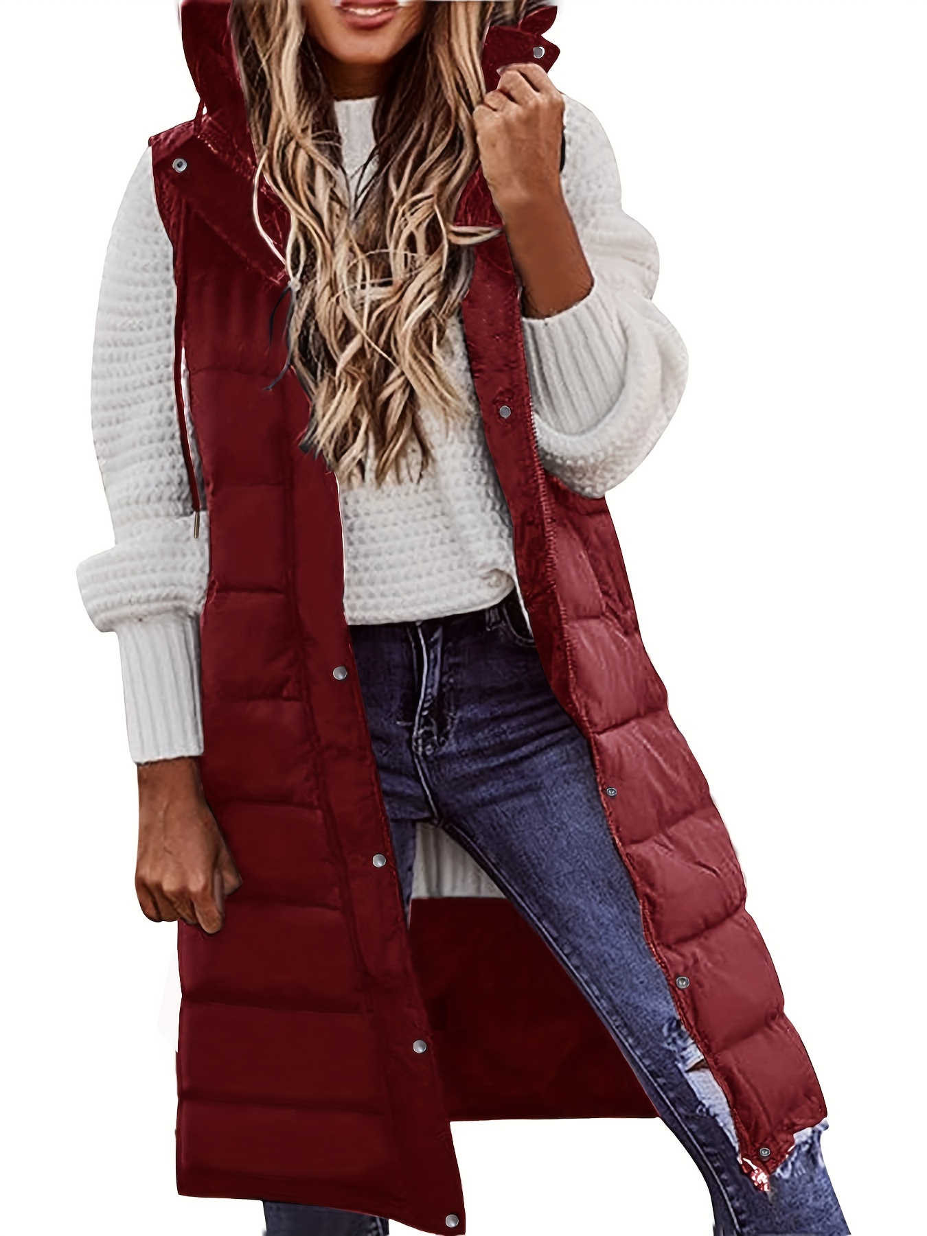 hooded sleeveless coat casual long length versatile winter warm outerwear womens clothing details 22