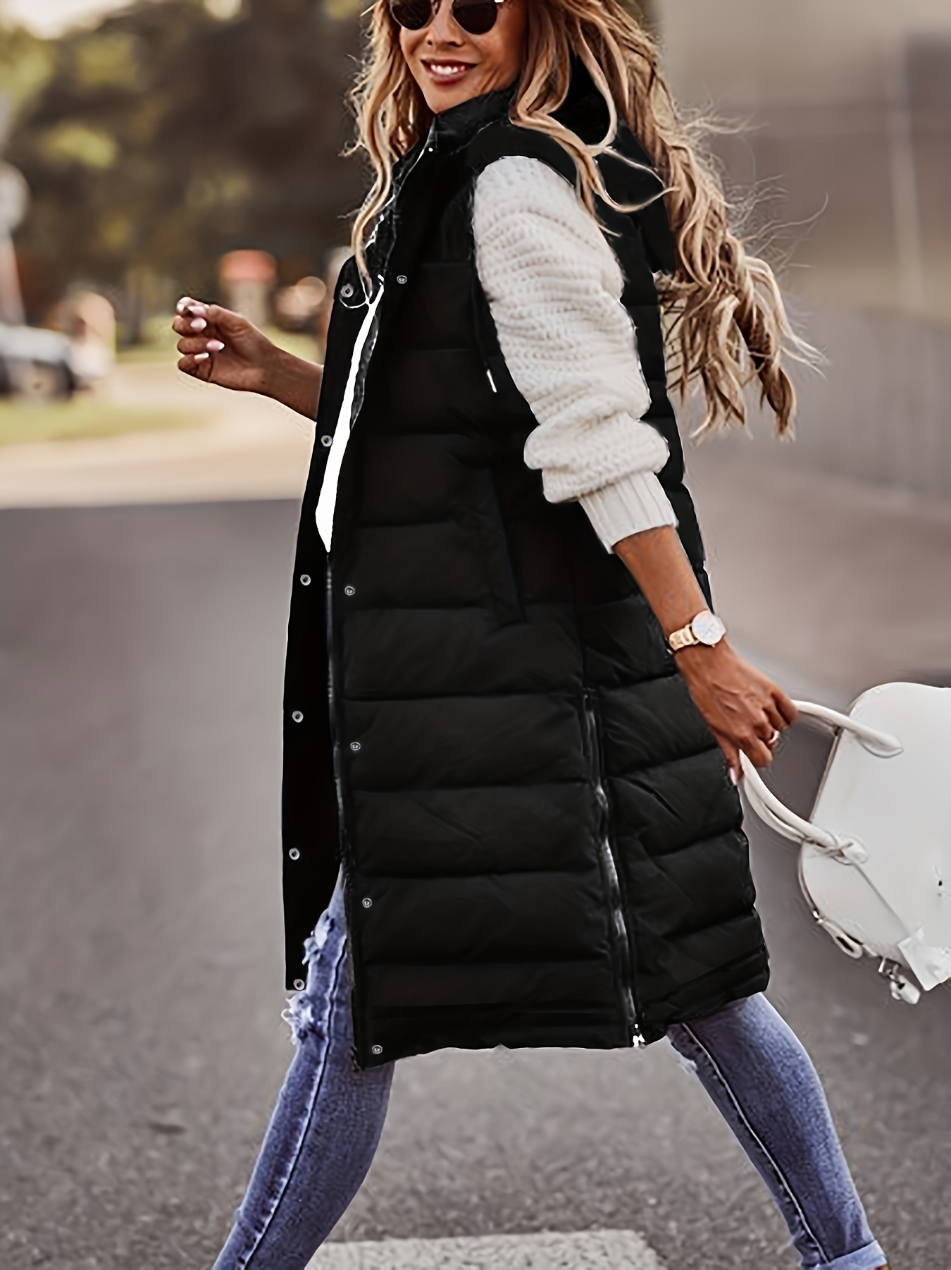 hooded sleeveless coat casual long length versatile winter warm outerwear womens clothing details 28