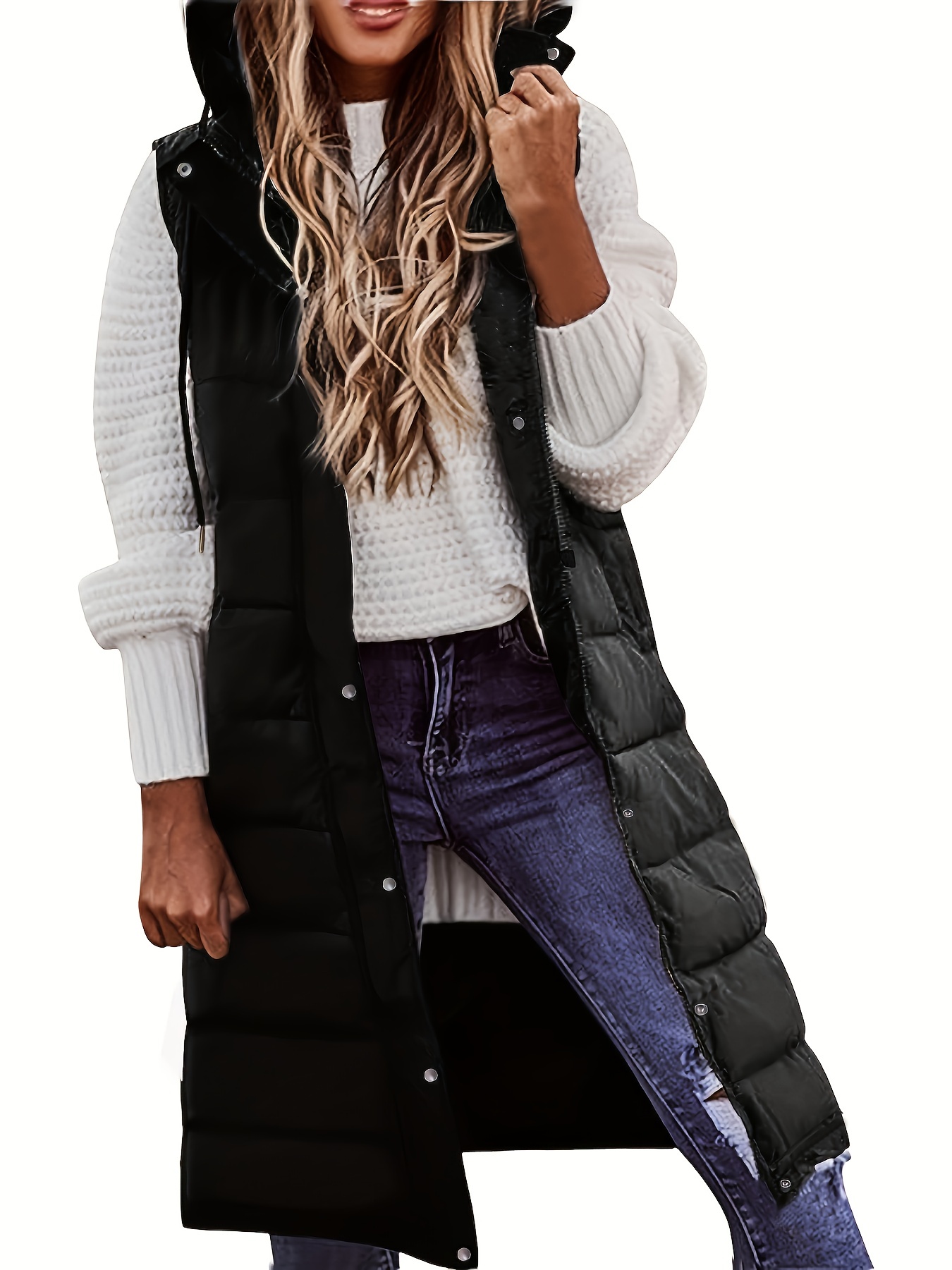 hooded sleeveless coat casual long length versatile winter warm outerwear womens clothing details 30