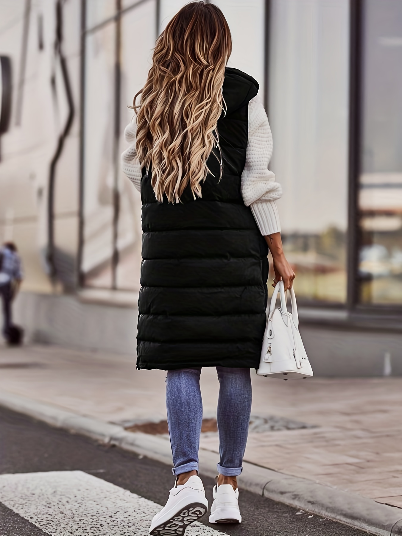 hooded sleeveless coat casual long length versatile winter warm outerwear womens clothing details 31