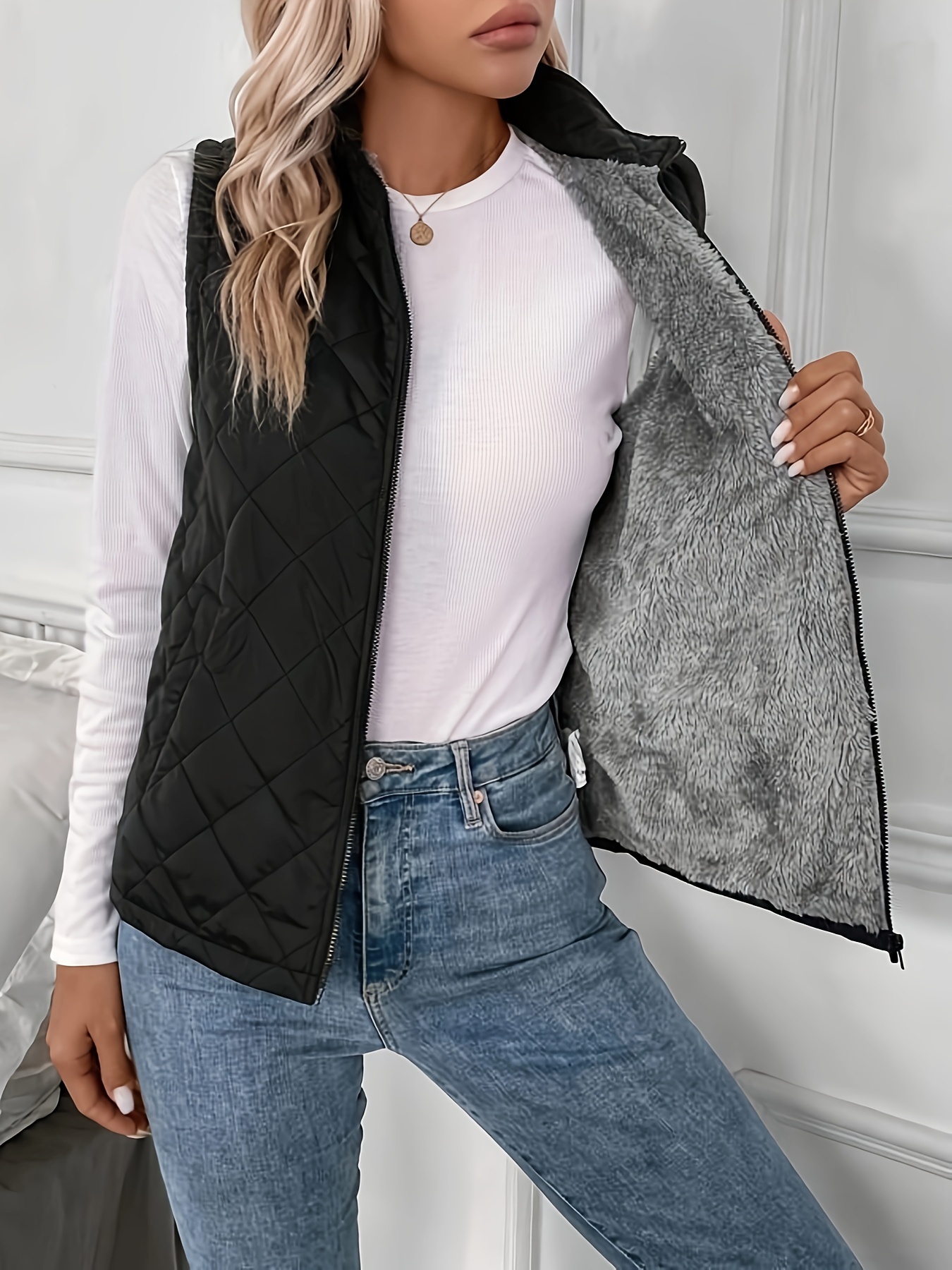 argyle pattern fall winter vest casual zip up sleeveless vest womens clothing details 1